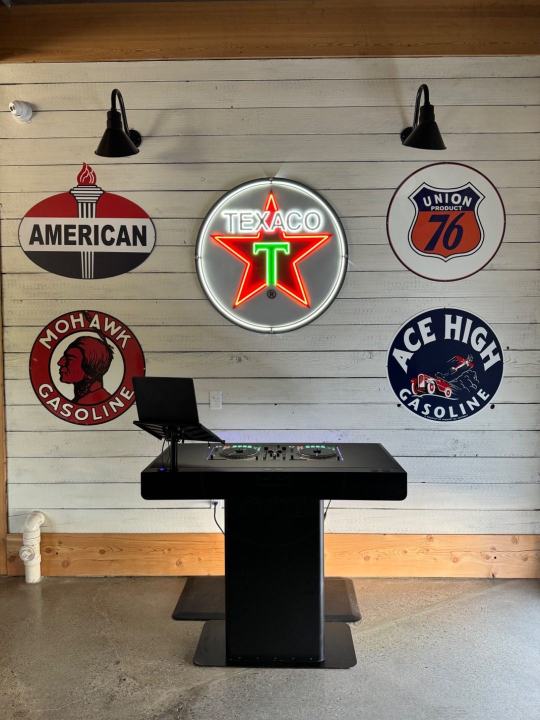 SwissMixx Audio DJ booth setup at barn wedding venue with vintage neon signs, Treasure Valley Idaho