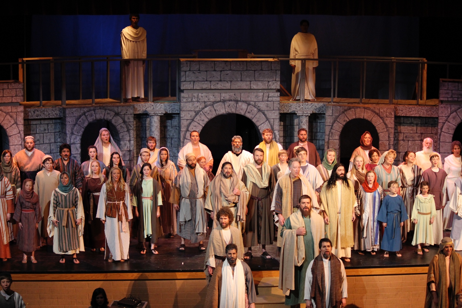 Large community theatre production with 60-plus cast members on stage, SwissMixx Audio live sound Idaho and Utah