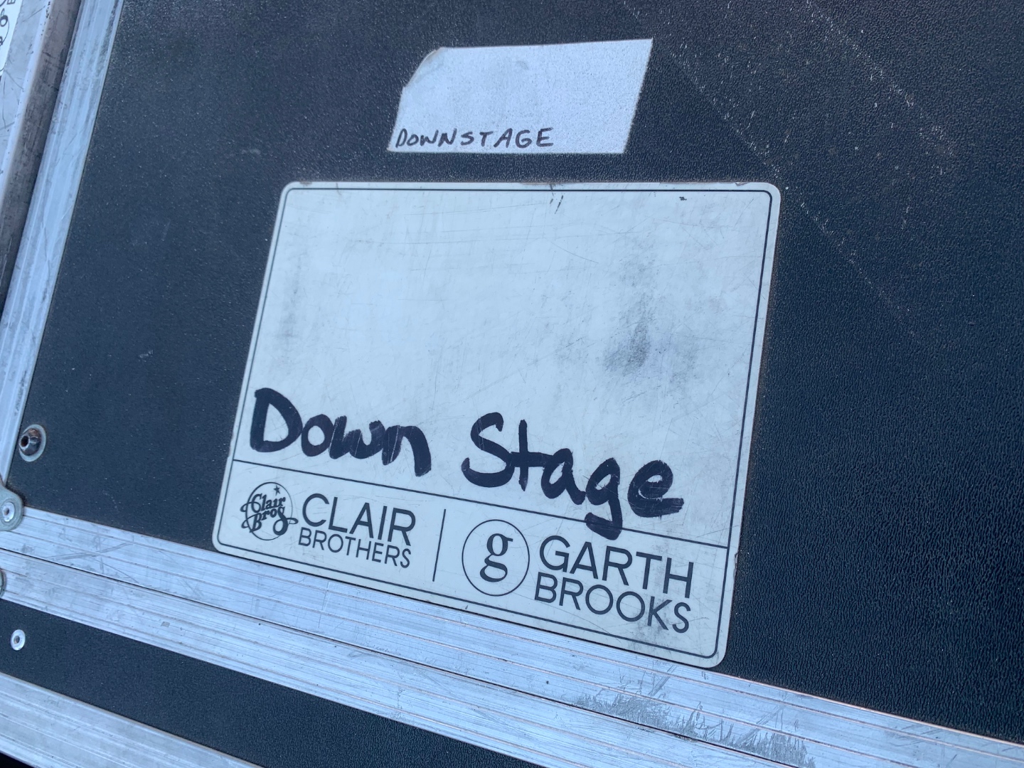 Official Clair Brothers and Garth Brooks Down Stage road case label -- proof of SwissMixx Audio's work on the Garth Brooks world tour production