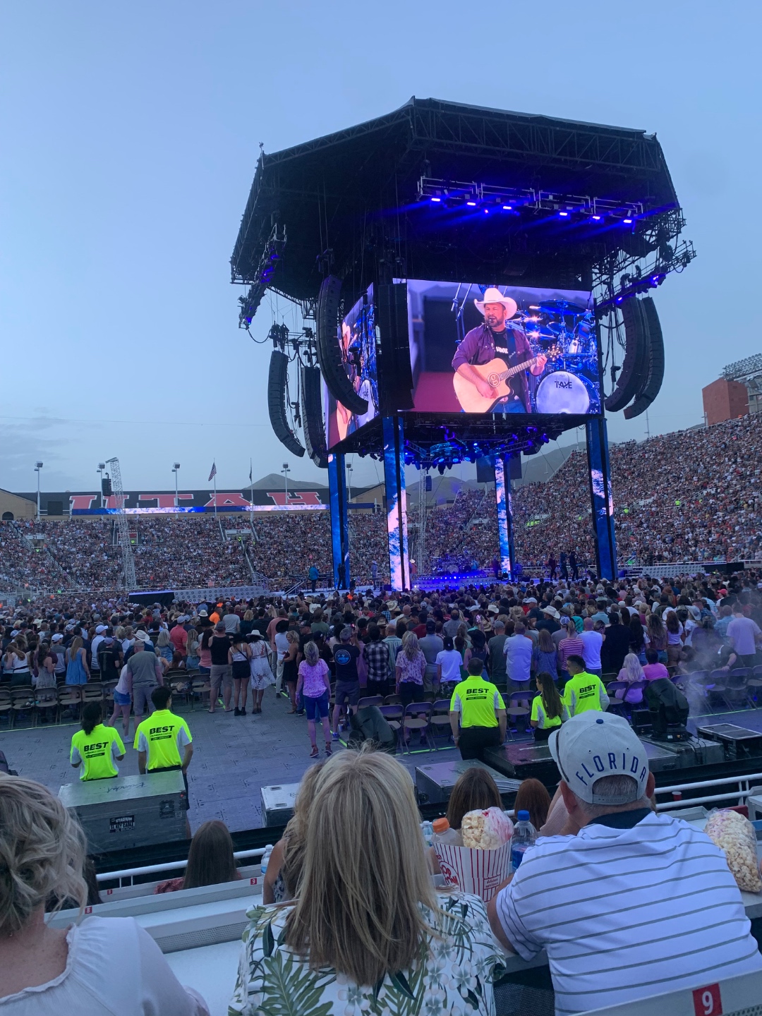 Garth Brooks performing live at Rice-Eccles Stadium on the giant LED screen with a sold-out crowd, SwissMixx Audio production crew