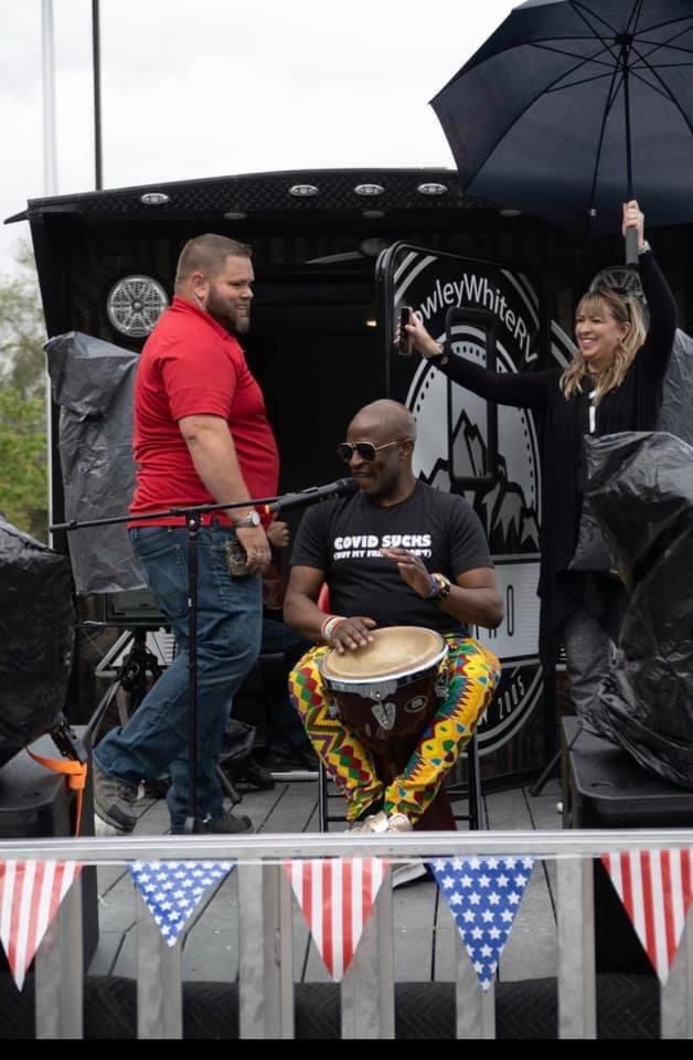 Mark Christiansen and Alex Boye performing live on a moving trailer stage for essential workers during COVID, SwissMixx Audio mobile concert