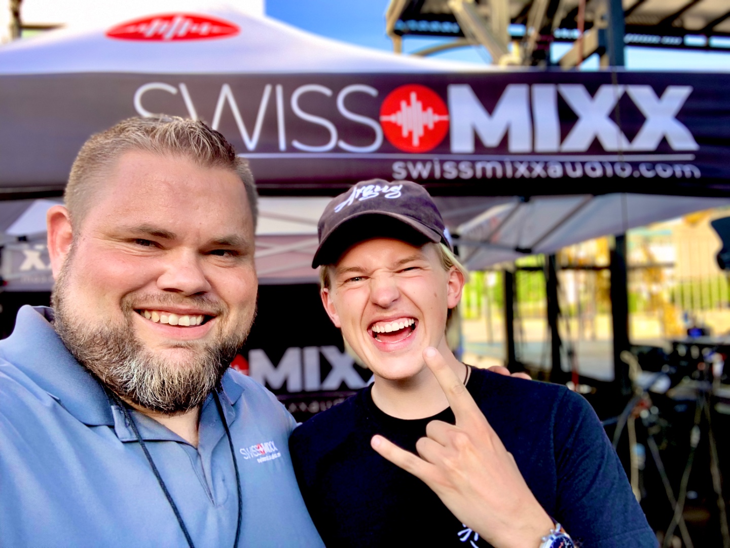Mark Christiansen with a performing artist backstage at a SwissMixx Audio live event production