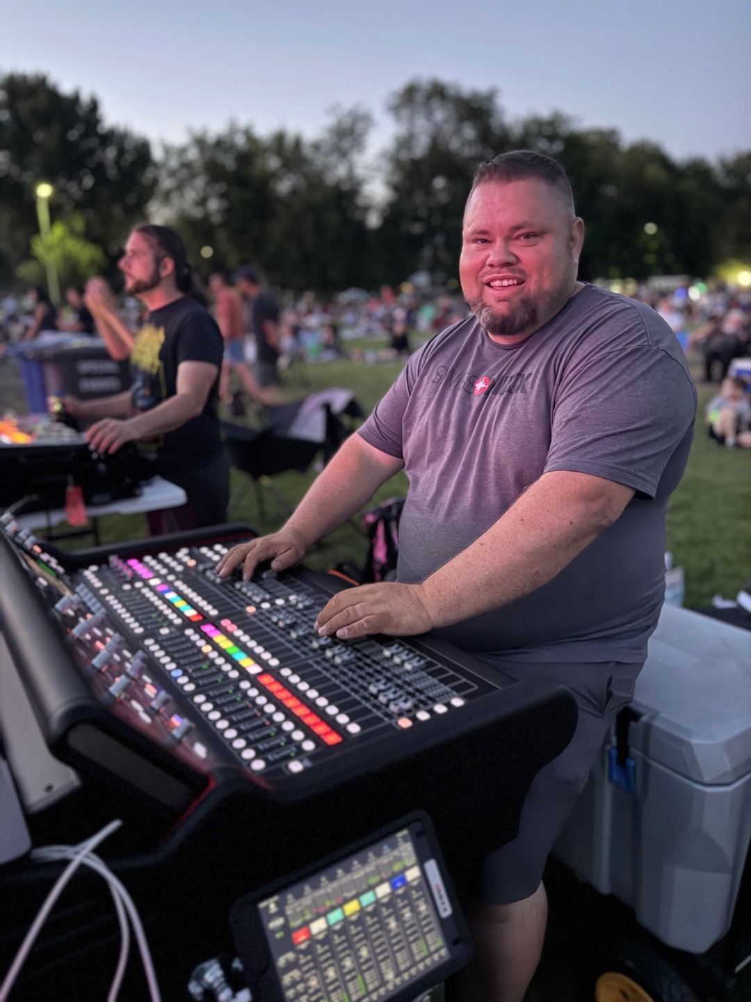 SwissMixx Audio owner Mark at the mixing console during a live outdoor event in the Boise Idaho Treasure Valley