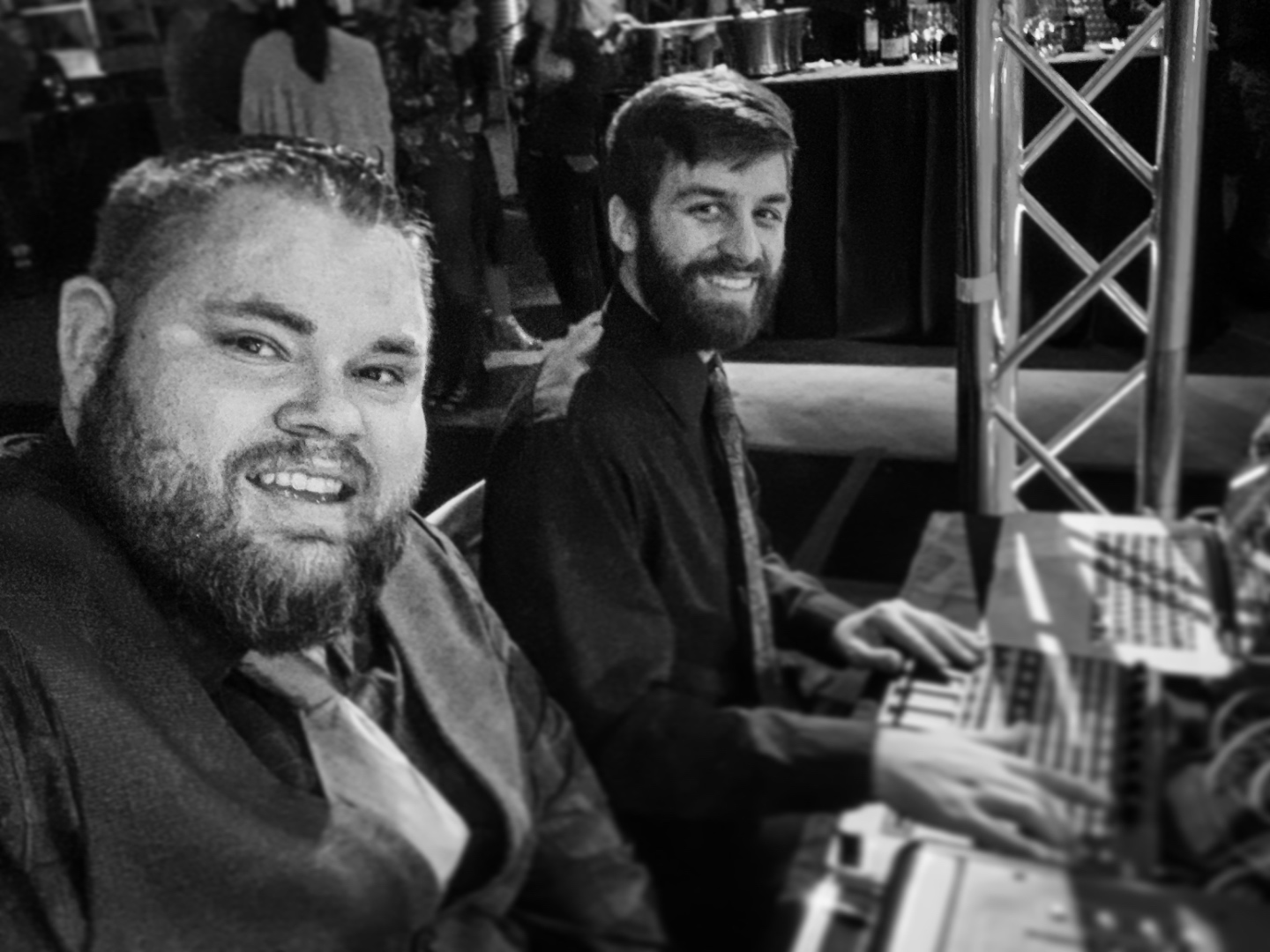 Mark Christiansen and audio crew member at the console during a formal wedding or gala event, SwissMixx Audio wedding sound Boise Idaho