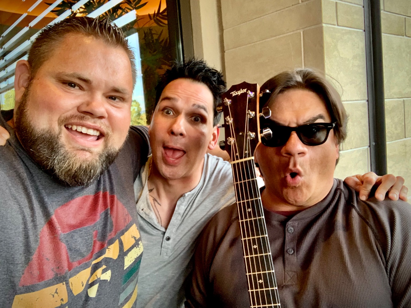 Mark Christiansen with comedy act Marcus and Guy backstage, SwissMixx Audio entertainment production