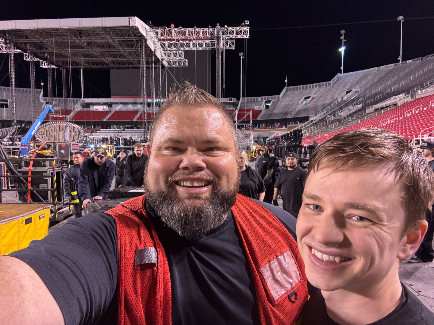 Mark Christiansen and crew on the stadium floor during Post Malone Posty Co production load-in at Rice-Eccles Stadium, SwissMixx Audio live event sound