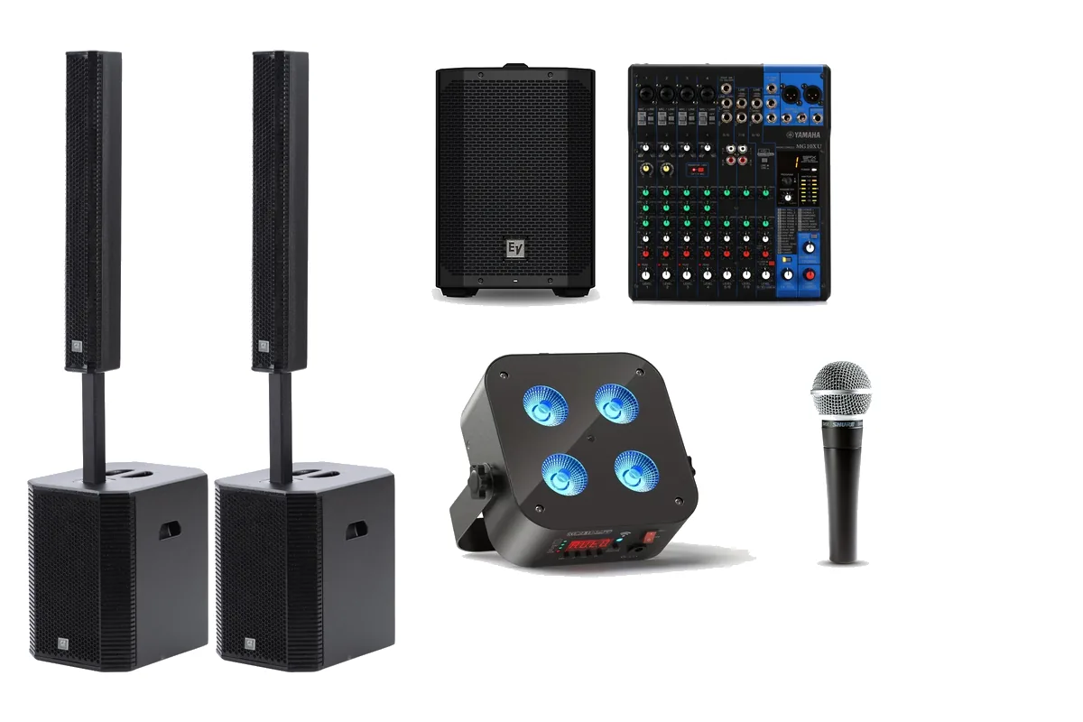 DIY wedding dance floor package rental Boise Idaho with two column array speakers, battery-powered speaker, wireless uplights, mixer and wired mic from SwissMixx Audio