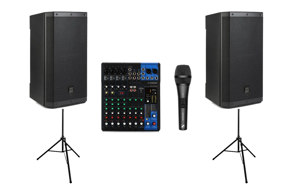 DIY wedding ceremony and reception sound system rental Treasure Valley Idaho with two 12 inch powered speakers on tripod stands, mixer, and wireless microphone from SwissMixx Audio