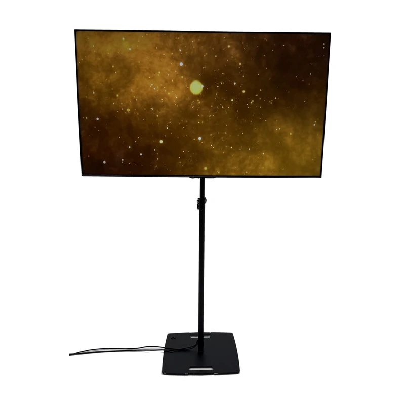 Two 75-inch 4K TVs on single pole floor stands