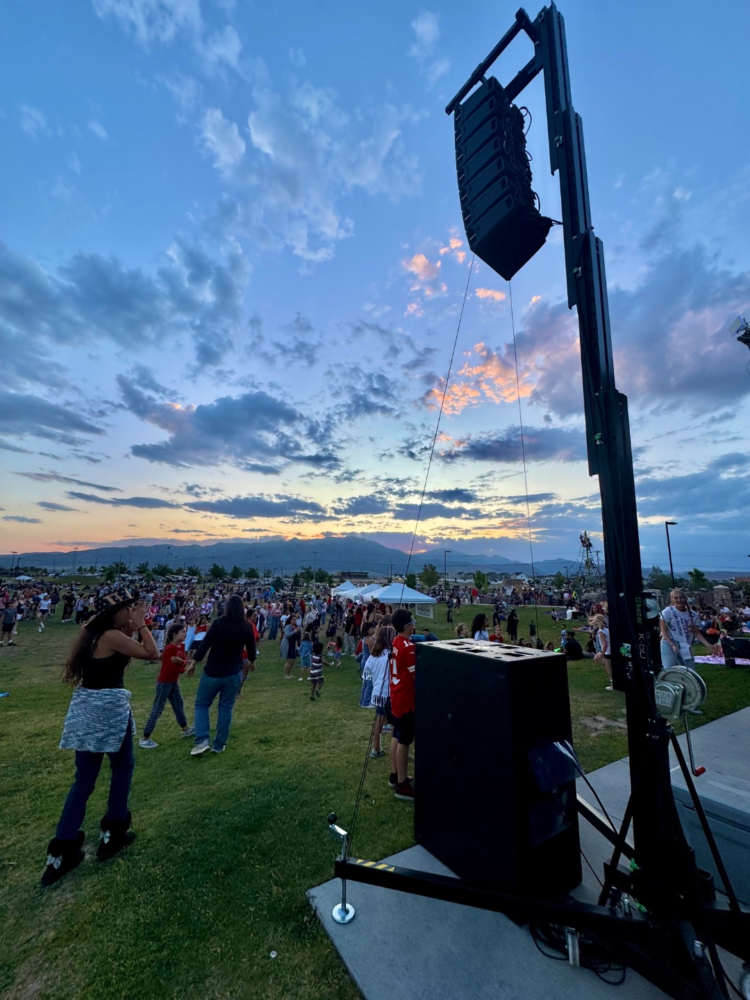 RCF HDL26 line array system on Tower Lift K-50 at outdoor fireworks event in Treasure Valley Idaho by SwissMixx Audio